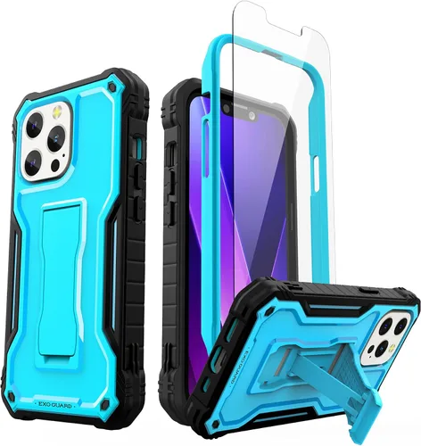 Miniatura 12 de ExoGuard Compatible con iPhone 13 Mini, funda de goma a prueba de golpes de cuerpo completo con protector de pantalla de vidrio templado, soporte