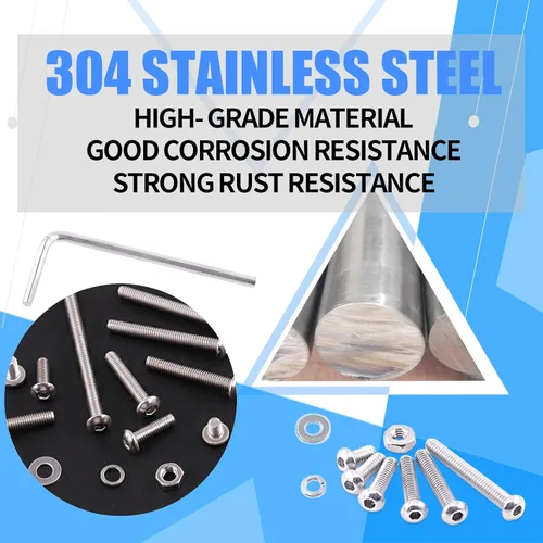 Miniatura 6 de Glarks 1021 tornillos de cabeza de botón M2 304 de acero inoxidable hexagonal, tornillos y tuercas arandelas kit surtido con llave hexagonal