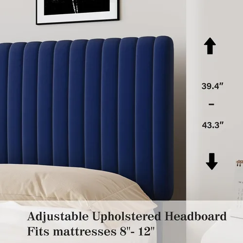 Miniatura 6 de BarnFurin Marco de Cama Individual/Cama de Plataforma Tapizada de Terciopelo con Cabecero y Pie de Cama Capitoné de Canal Vertical Ajustable/No Azul