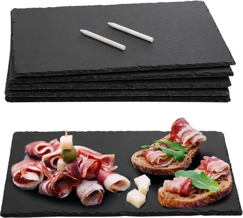 Hacaroa Tabla de queso de pizarra de 6 piezas, 12 x 8 pulgadas, charcutería negra, bandeja de placa de piedra de pizarra natural, plato gourmet para