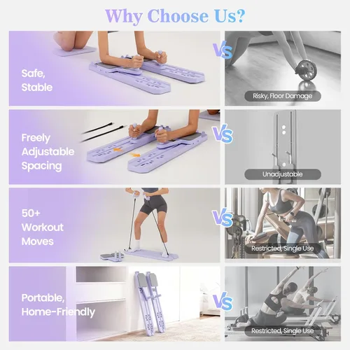 Miniatura 3 de Nicoler Portable Pilates Reformer Set- Pilates Board 8-in-1 Multi-Functional Pilates Equipment Púrpura