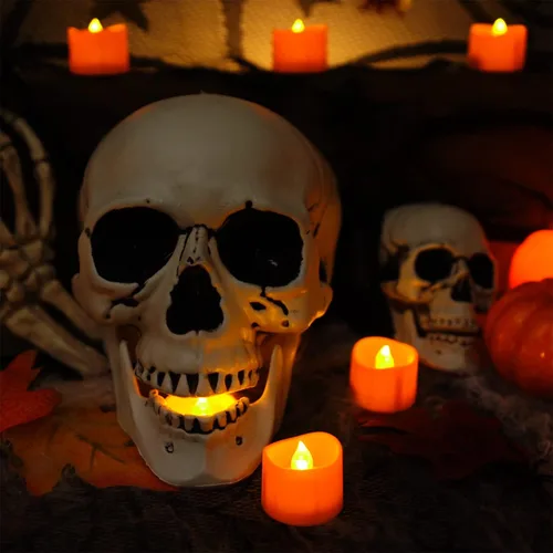 Miniatura 5 de Homemory Paquete de 12 velas de té naranja de Halloween, velas LED que funcionan con pilas, luces de calabazas pequeñas, sin llama, velas de té