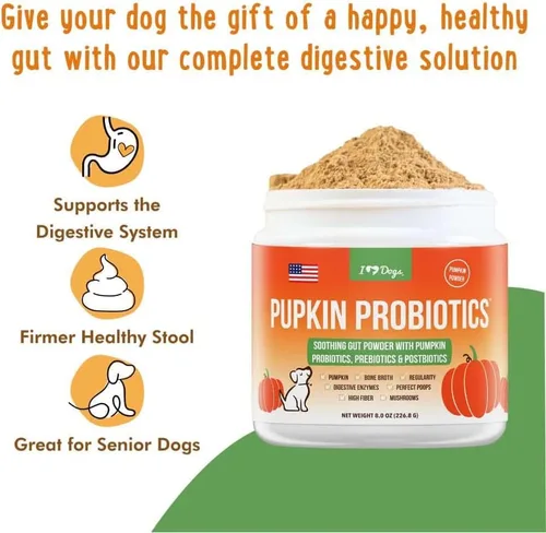 Miniatura 5 de iHeartDogs Pupkin Probióticos, prebióticos y postbióticos para perros con calabaza, caldo de huesos calmante intestinal y hongos - 30 cucharadas