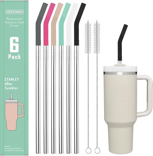 6 popotes rectos reutilizables de acero inoxidable de 12 pulgadas, con 6 puntas flexibles de silicona y 2 cepillos de limpieza, para vaso Stanley,