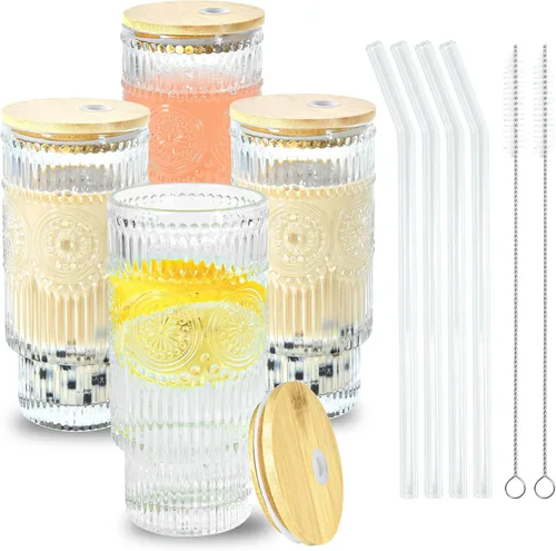 Miniatura 10 de Juego de taza de café de vidrio de 16 onzas con tapas y pajita Vintage Begonia, Dishwasher Safe, Natural Bamboo Lid, Car Hold Friendly, Non-slip