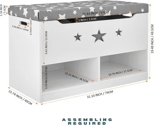 Miniatura 2 de Sturdis Caja de juguetes para niños, color gris y blanco con asiento de banco de almacenamiento de cojines, baúl de almacenamiento de juguetes