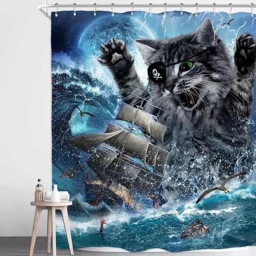 Miniatura 12 de Divertida cortina de ducha con diseño de gato de surf, tiburón, divertida, náutico, océano, océano, mar, ondas, animales, novedad, 72 pulgadas