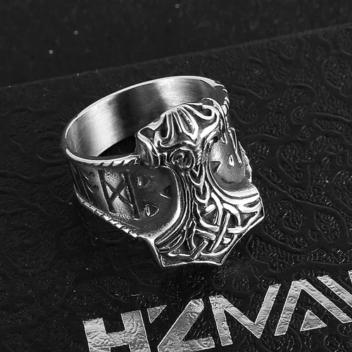 Miniatura 5 de HZMAN Anillo vikingo de acero inoxidable para hombre, símbolo de Odin, vikingos, martillo de Thor, joyería gótica de guerrero (tamaño, 7-14), Acero