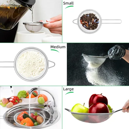Miniatura 5 de Juego de 3 cucharas de malla fina de acero inoxidable colador de tamiz de acero inoxidable, colador multifuncional para alimentos con mango largo