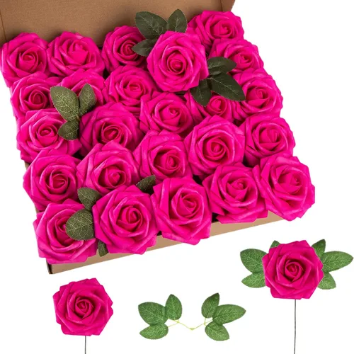 Miniatura 24 de Rosa artificial de espuma de 25 piezas de rosas falsas de aspecto real con tallos y hojas para decoración del hogar, fiestas, jardín, centros