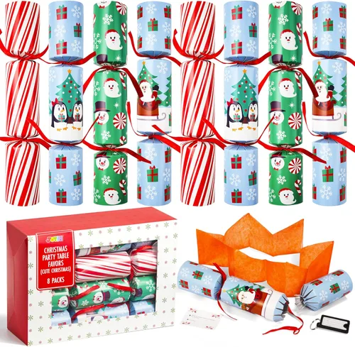 JOYIN 8 piezas de recuerdo de fiesta de Navidad sin broches de presión, color rojo, azul y verde, incluye sombrero de fiesta, chistes y regalos,
