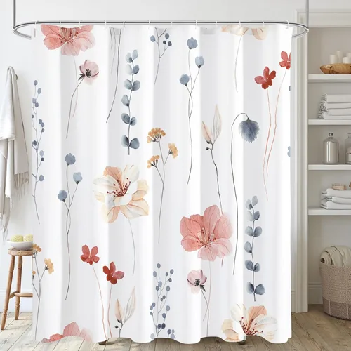 Miniatura 28 de Gibelle Cortina de ducha con estampado floral de acuarela, cortina de ducha retro naranja azul marino para baño, juego de cortina de ducha moderna