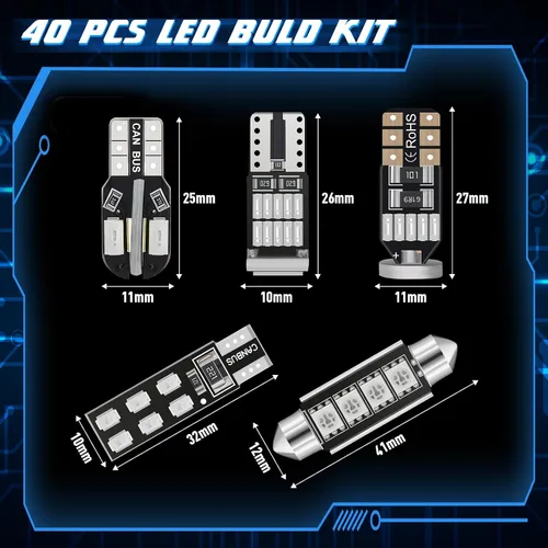 Miniatura 2 de Tallew Juego de 40 bombillas LED T10 para interiores de automóvil, 0.984 in, 1.024 in, 1.063 in, 1.260 in y 1.614 in, bombillas LED de repuesto