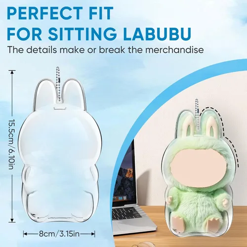 Miniatura 2 de Funda protectora para figura sentada Labubu – Caja de almacenamiento portátil de PVC transparente con llavero, resistente al polvo y a los arañazos