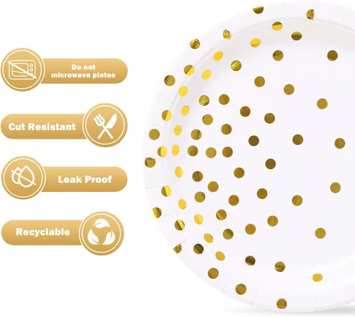Miniatura 4 de Platos de papel blanco y dorado, 100 unidades, platos de postre de puntos dorados de 7 pulgadas, suministros de fiesta desechables para cumpleaños