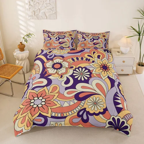 Miniatura 16 de Juego de ropa de cama Groovy de los años 60 y 70 para niños, funda de edredón retro de flores hippie para niños, adolescentes, vintage, bohemio