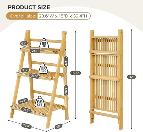 Miniatura 3 de OAKVIVO - Estantería de escalera plegable de 39.4", Estantería de bambú de 3 niveles, para macetas, estante de exhibición en forma de escalera