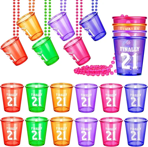 Yinkin Paquete de 12 decoraciones de collar de vidrio de chupito para fiesta de 21 cumpleaños, suministros de fiesta de cumpleaños 21, collar de