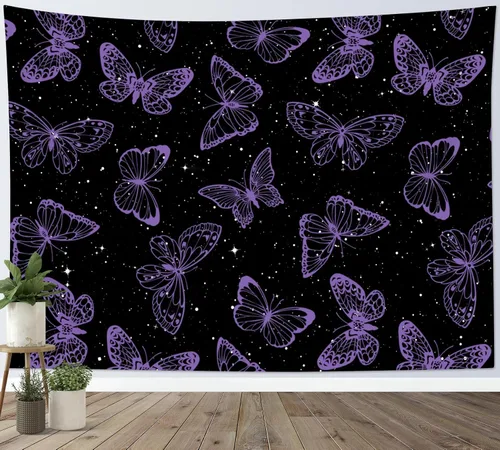 Miniatura 24 de HVEST Tapiz espacial de mariposa en galaxia para dormitorio, cielo estrellado blanco y negro para colgar en la pared para sala de estar, decoración