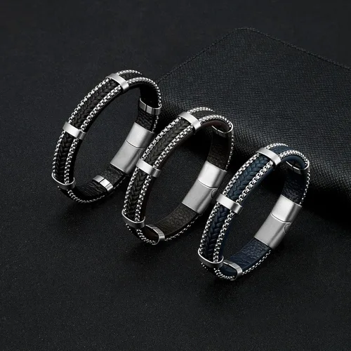 Miniatura 4 de Hoigblxy Pulsera de cuero para hombre, cierre magnético, de acero inoxidable, longitud de 8.26 pulgadas, Sin gemas.