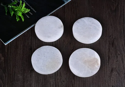 Miniatura 8 de AMOYSTONE 4 posavasos hexagonales pequeños de selenita marroquí y estación de carga de Reiki, placa de cristal plana/bandeja para equilibrio
