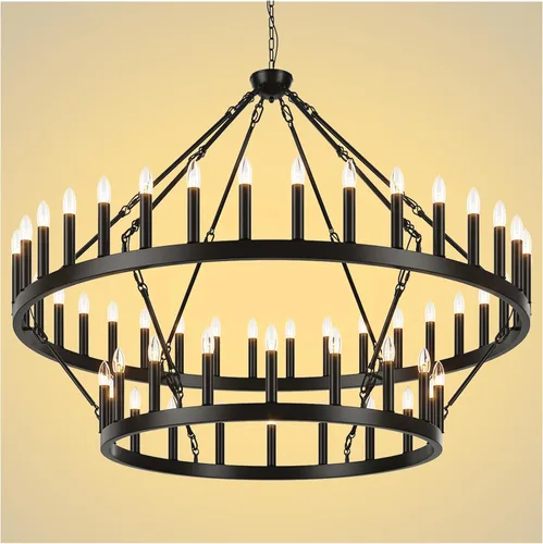Candelabro de dos niveles en negro, rueda de vagón grande, 54 luces, lámpara colgante de granja redonda de 152 cm, iluminación rústica para comedor,
