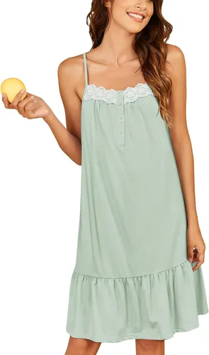 Miniatura 14 de Ekouaer Camisones de algodón para mujer, sin mangas, vestido de noche de encaje, vestido de noche con botones, camisón victoriano