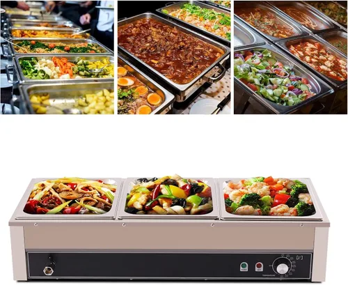 Miniatura 2 de Calentador de alimentos comercial de 3 bandejas, 110 V, 1500 W, mesa de vapor eléctrica de 3.9 in/4 pulgadas de profundidad, 20.6 cuartos de galón