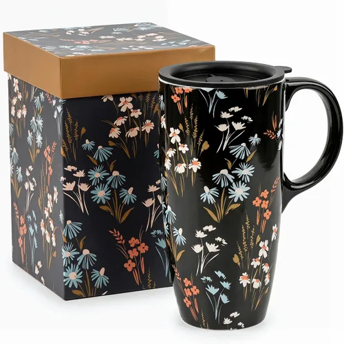 Miniatura 13 de Taza de café de viaje de cerámica con tapa para el hogar y la oficina, taza de té alta de porcelana de 17 onzas con mango de arte floral en caja
