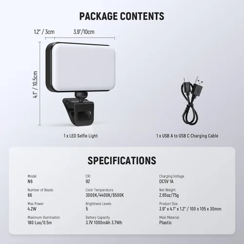 Miniatura 8 de NEEWER Versión de Nivel de Entrada Luz LED para Selfie, Clip de Plástico para Relleno de Luz en Teléfono para iPhone, 66 LEDs CRI92 Portátil