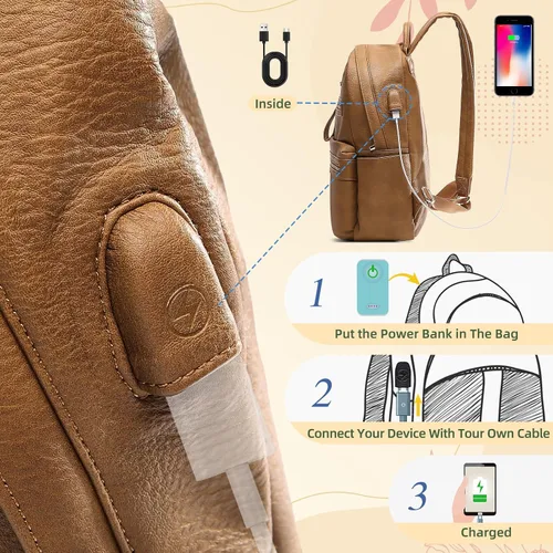 Miniatura 6 de miss fong Bolsa de pañales pequeña para viaje, de cuero, mochila para pañales de bebé con 7 bolsillos con cargador USB y 2 bolsillos aislados