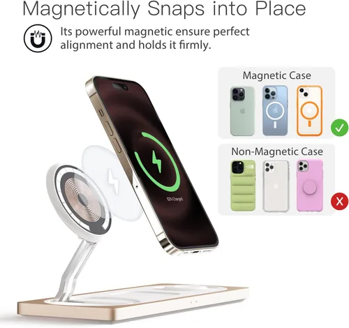 Miniatura 2 de Estación de carga 3 en 1 para dispositivos Apple: Usada para estación de carga de iPhone y reloj con soporte de cargador Magsafe, cargador Dorado