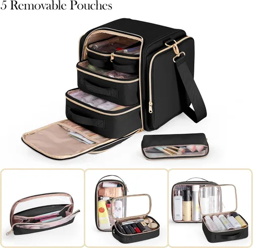 Miniatura 2 de Bolsa de maquillaje de viaje con 5 estuches extraíbles, estuche organizador de maquillaje grande con correa y múltiples bolsillos de almacenamiento