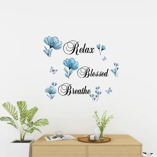 ADECALS Relax Blessed Breathe - Calcomanías de pared para baño, diseño de flores azules, mariposas, bricolaje, removibles, despegar y pegar,