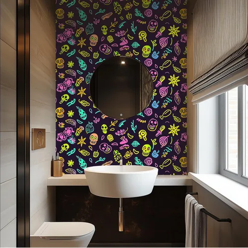 Miniatura 5 de HOMETITUTE Papel tapiz de calavera de neón para despegar y pegar, arte callejero de graffiti, mural de pared reactivo a la luz negra, adhesivo