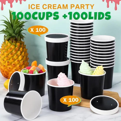 Miniatura 3 de Irenare 100 vasos de papel para helado de 12 onzas con tapas, cuencos desechables para postres, recipientes de sopa caliente, recipientes de papel