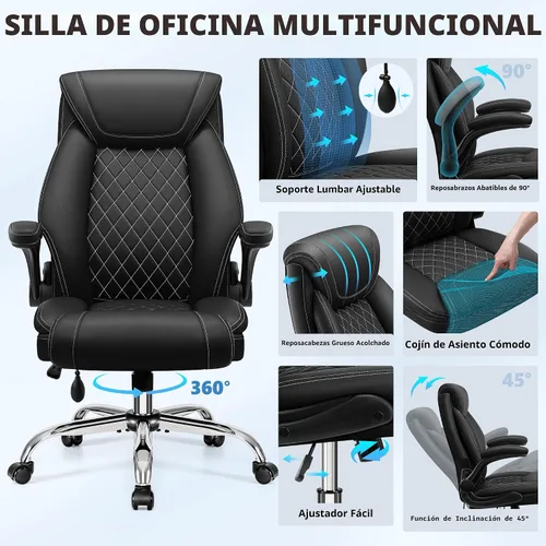 Miniatura 8 de Silla de oficina, silla de escritorio ergonómica grande y alta, silla ejecutiva de cuero para computadora con soporte lumbar ajustable, cómoda silla