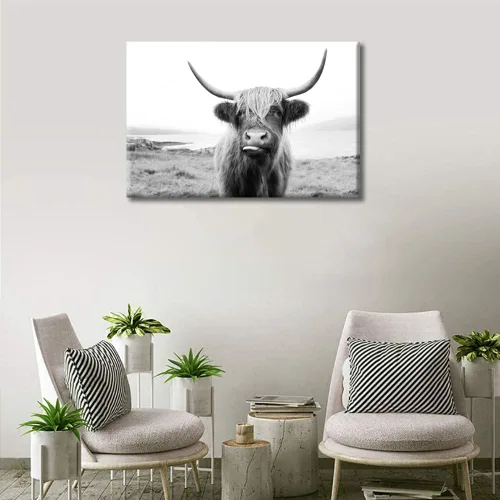 Miniatura 2 de Arte de pared en blanco y negro con diseño de vaca escocesa de las tierras altas en la Isla de Mull impresiones sobre lienzo, decoración del hogar