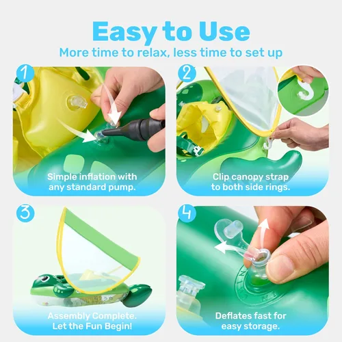 Miniatura 4 de Sloosh Flotadores de natación para bebés con toldo extraíble, flotador inflable para piscina para bebé, diseño de tortuga marina, anillo de natación