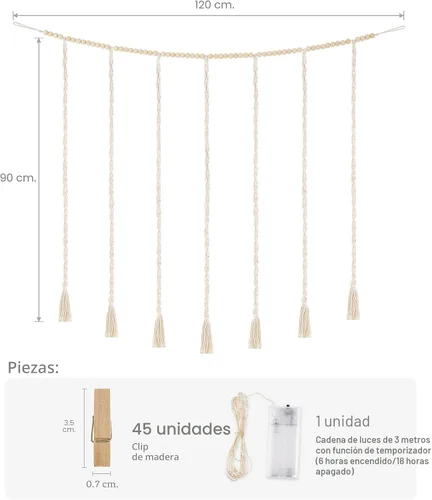 Miniatura 6 de Mkono - Expositor de fotos colgante de macramé para decoración de pared con luces de cadena, collar de cuentas de madera estilo boho, marco