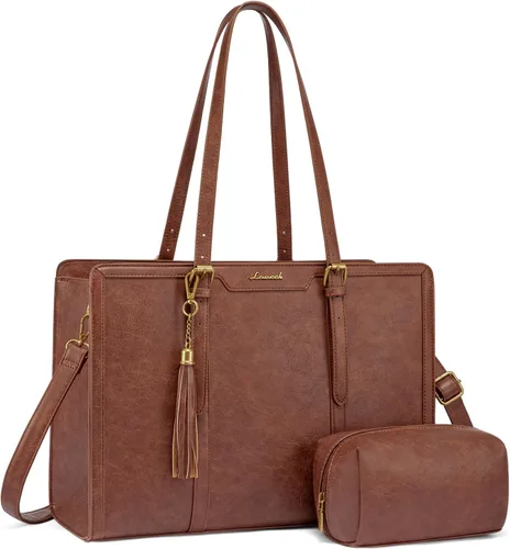 Miniatura 11 de LOVEVOOK Bolsa de mano para laptop para mujer, bolsa de trabajo vintage de 15.6 pulgadas con embrague, bolso grande de cuero para laptop con soporte