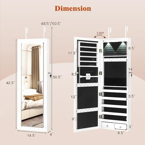 Miniatura 16 de Giantex Armario de joyería para puerta de pared con espejo de longitud completa, 2 LED con cerradura grande organizador de joyas con espejo ancho