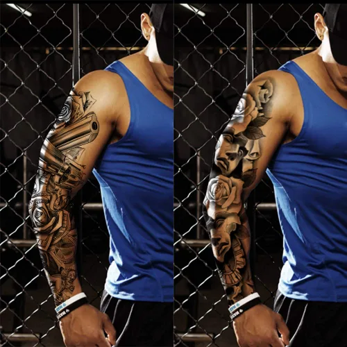 Miniatura 4 de 4 hojas de tatuajes temporales de brazo completo para adultos, color rosa pistola de tatuajes, impermeables, arte corporal de larga duración