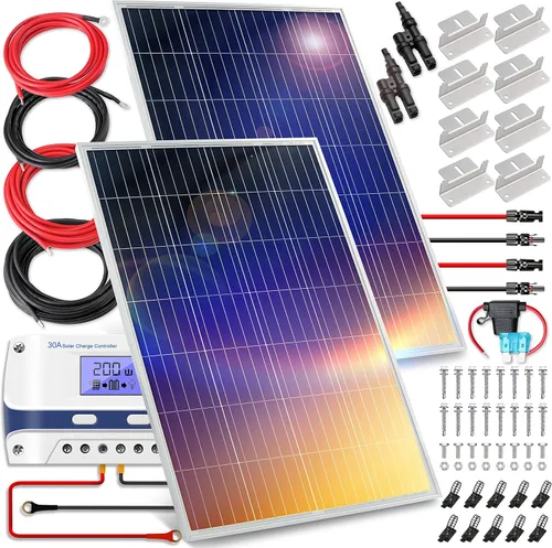 Serenelife Kit de inicio solar portátil de 200 vatios y 12 V con 2 piezas de juego monocristalino de 100 W y controlador PWM de 30 A para RV,