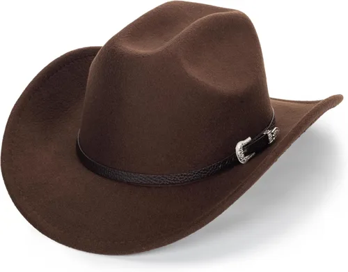 Miniatura 26 de Sombrero de vaquero clásico de fieltro occidental para mujeres y hombres de ala ancha con hebilla de cinturón (tamaño: mediano-grande)