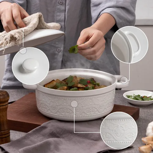 Miniatura 3 de FUN ELEMENTS - Cazuela, 2 cuartos de galón, plato con relieve de encaje con tapa, de cerámica para ir del horno a la mesa, asas redondas para servir