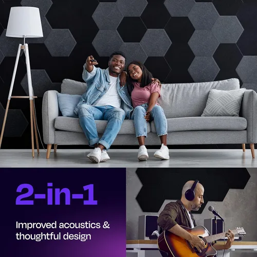 Miniatura 2 de Paneles insonorizantes de alta densidad para pared, forma hexagonal, paquete de 12 unidades de 14" x 12.1" x 0.4", color negro intenso Negro profundo