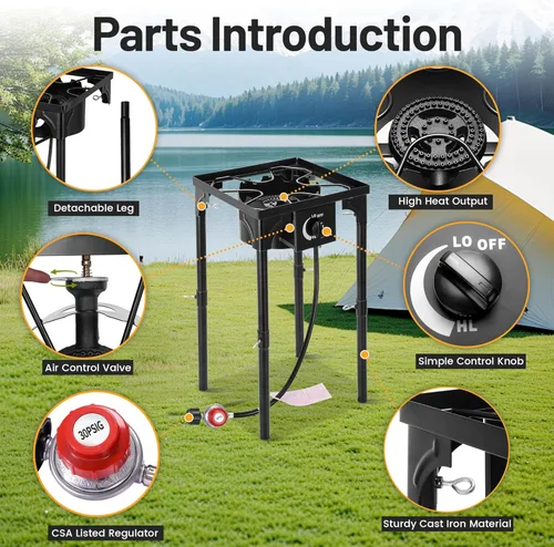 Miniatura 7 de Estufa de Camping al Aire Libre FSUON, 130000 BTU, Quemador de Alta Presión Individual, Cocina de Gas Propano con Patas Desmontables, Regulador