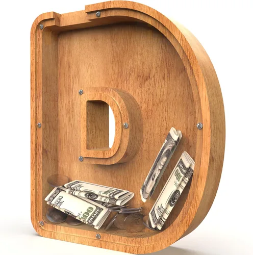 Miniatura 46 de Alcancía para niños y niñas, alcancía grande de madera personalizada con diseño recortado, bancos de monedas con letras del alfabeto, caja de ahorro