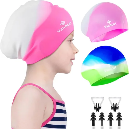 Miniatura 9 de 2 Pack Kids Swim Caps for Long/Short Hair, Unisex Silicone Swimming Cap for Age 3-15 Children Toddler Youth Teen, Waterproof Shower Cap Bathing Hats